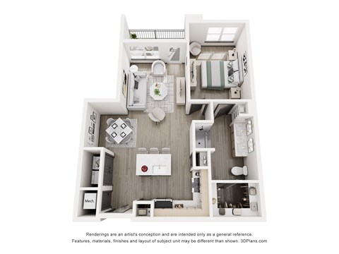 A 3D floor plan of a house with a kitchen, living room, and two bedrooms.